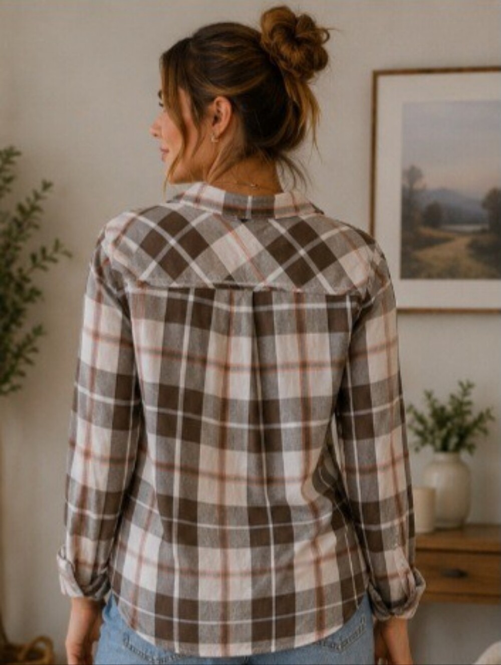Women’s Neutral Plaid Snap Button Flannel Shirt | Cozy Casual Fall Layer - Picture 2 of 3